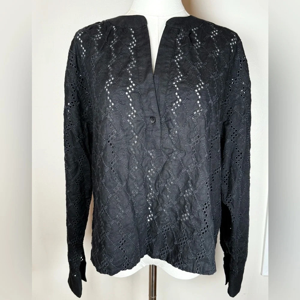 New! Madewell Black Linen Blend Top Embroidered Eyelet Women's Size Medium